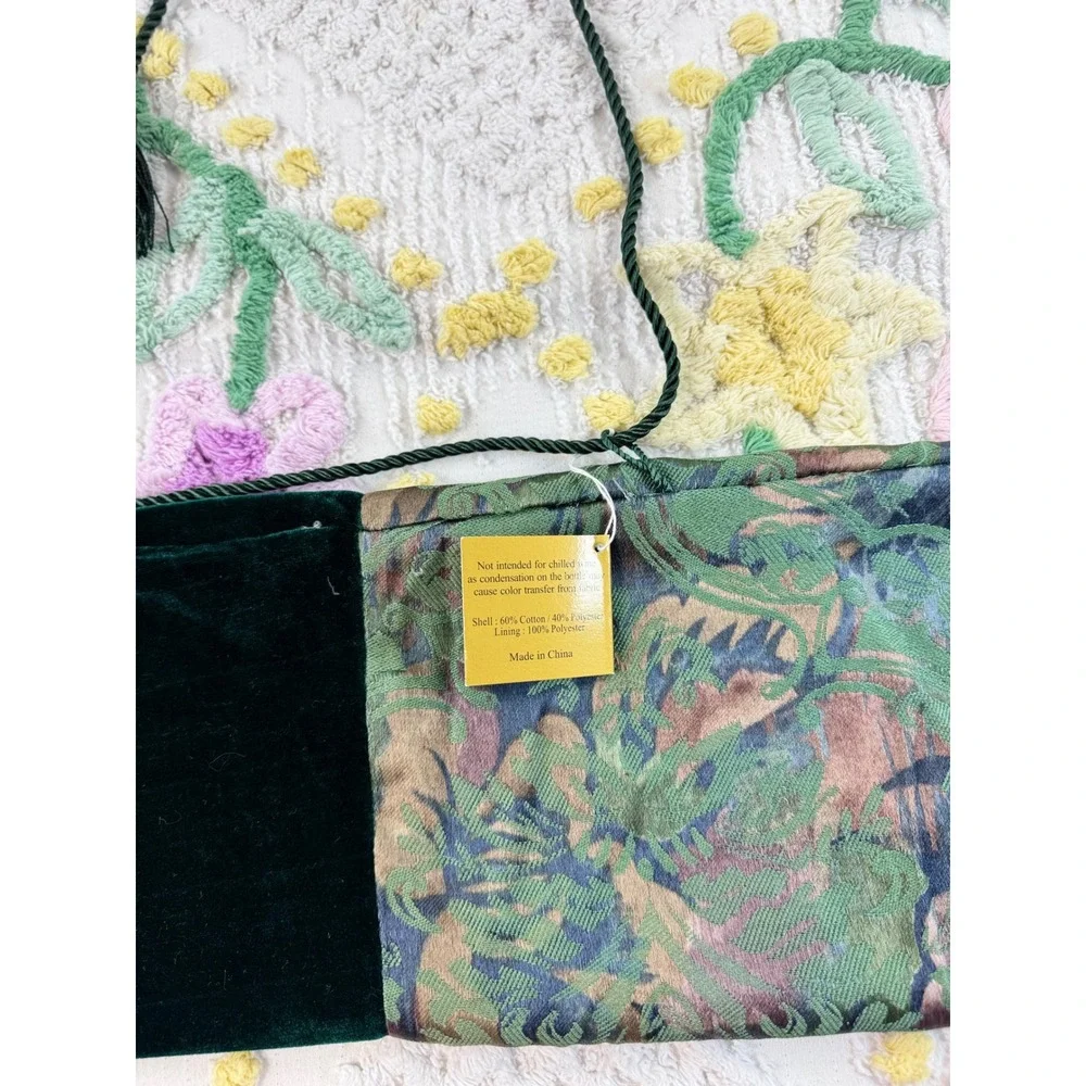 Vintage Velvet and Tapestry Wine Bottle Gift Bag Green Floral Tassel Drawstring